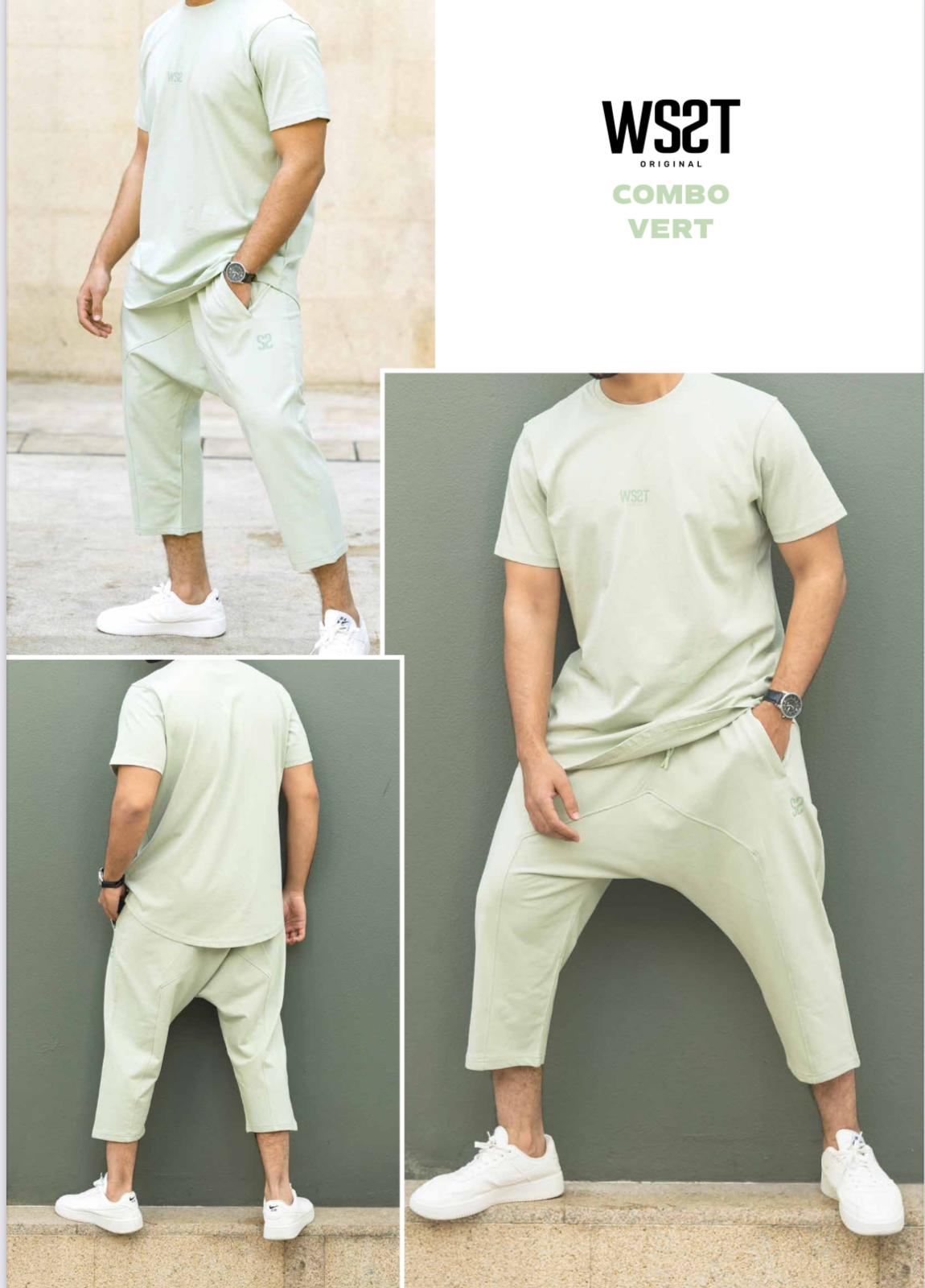 ENSEMBLE COMBO WASSAT – T-SHIRT & PANTACOURT SAROUEL VERT AMANDE – TAILLE S – Image 2